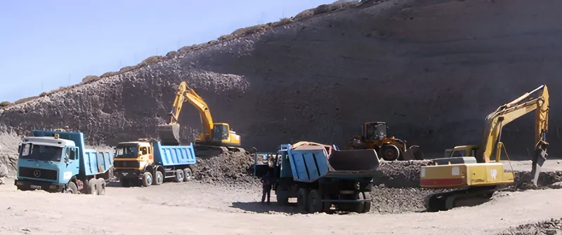 Camiones bañera y excavadoras de la flota trabajando en un movimiento de tierras
